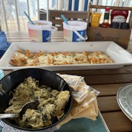Spinach and Crab Dip and Roasted Garlic Shrimp Flatbread