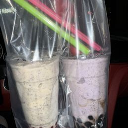 taro cookies with boba (right) cookies and cream with strawberry poppers (left) taro cookies with boba (right) cookies and cream with strawberry poppers (left)
