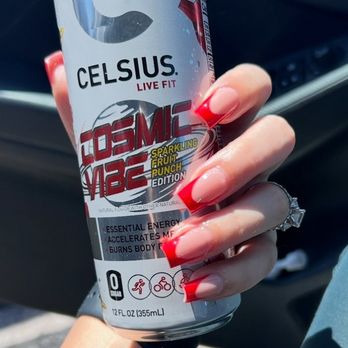 Nail Works - Red French tip with nude acrylic by Danny. His Instagram Justindat9 - Nail Salons Near Me - Oxnard, California