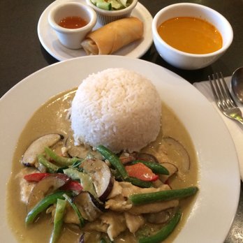 Green Basil Thai Restaurant - Green curry chicken lunch set - with coconut rice, vegetarian spring roll, hot and sour soup and salad. - Thai Near Me - Burnaby, British Columbia