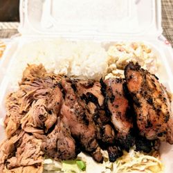 Mo' Bettahs Hawaiian Style Food - Two item plate. Teriyaki chicken and Kalua pig with white rice and Mac salad. Awesome!