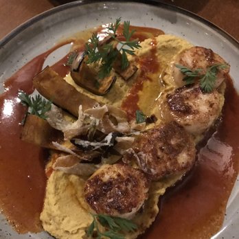 barVino - scallops with spicy (red) gochujang sauce, with fried leeks, over squash and hummus - New American Near Me - North Creek, New York barVino - scallops with spicy (red) gochujang sauce, with fried leeks, over squash and hummus - New American Near Me - North Creek, New York