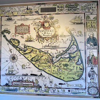 Whaling Museum - A colorful illustrated map of Nantucket, Massachusetts, displays geographic features, historic sites, and ships. The map includes decorative borders with images of buildings, ships, and historical figures associated with Nantucket's history. Labels identify locations such as the Nantucket Harbor, Great Point Lighthouse, and notable individuals like Isaac Coffin. The map emphasizes maritime history and local landmarks, with artistic elements and annotations highlighting Nantucket's cultural heritage. - Museums Near Me - Nantucket, Massachusetts