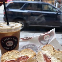 Caramel iced latte & lox cream cheese everything bagel Caramel iced latte & lox cream cheese everything bagel