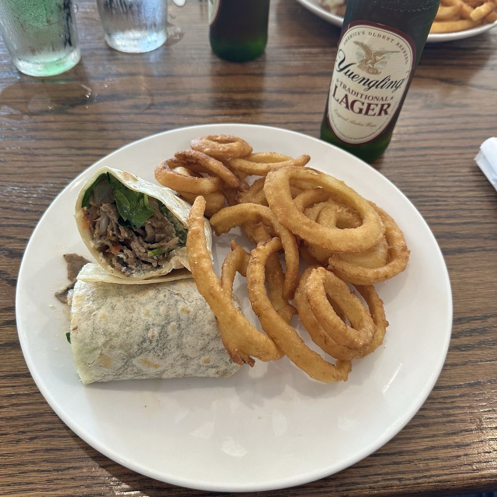 Village Cafe - Gyro wrap with onion rings and a yuengling. - Breakfast & Brunch Near Me - Lake Saint Louis, Missouri