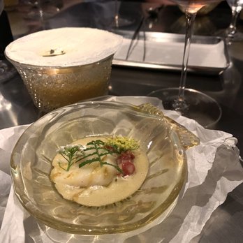 Alinea - This scallop was delicious! With a side of some kind of seafood soup, with egg. - New American Near Me - Chicago, Illinois