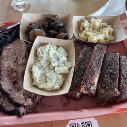 Brisket , pork ribs, mac n cheese, potato salad, mushrooms Brisket , pork ribs, mac n cheese, potato salad, mushrooms