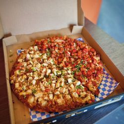 The Curry Pizza Company-Glendora - Large half and half Butter Chicken Pizza & Chicken Tikka Masala Pizza - my fave!
