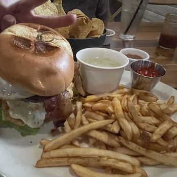 1836 Texas Kitchen - The Lone Star Burger! With a side of Green Chili Gravy for dipping the fries. - Bars Near Me - Tyler, Texas 1836 Texas Kitchen - The Lone Star Burger! With a side of Green Chili Gravy for dipping the fries. - Bars Near Me - Tyler, Texas