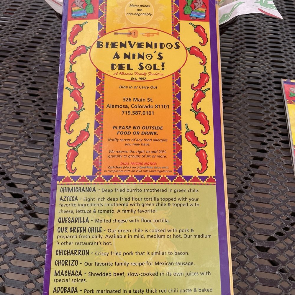 Nino's Del Sol - Front of menu - Mexican Near Me - Alamosa, Colorado Nino's Del Sol - Front of menu - Mexican Near Me - Alamosa, Colorado