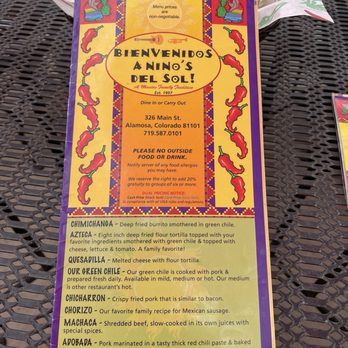 Nino's Del Sol - Front of menu - Mexican Near Me - Alamosa, Colorado Nino's Del Sol - Front of menu - Mexican Near Me - Alamosa, Colorado