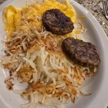 Sidewalk Cafe - Turkey sausage, hash browns,  cheese eggs - Cafes Near Me - Denton, Texas