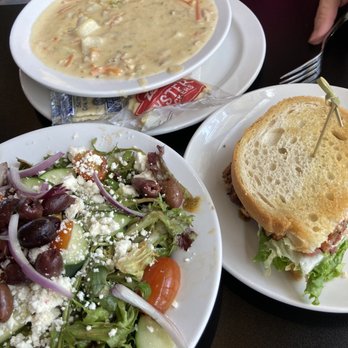 Firefly Grill STL - Greek salad, potato soup, and Salmon BLT sandwich . - New American Near Me - Chesterfield, Missouri