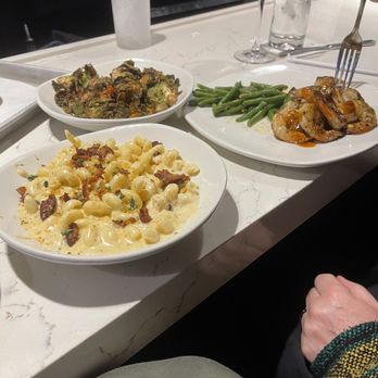 Bonefish Grill - Mac n cheese with bacon, Brussels sprouts, shrimp and green beans. - Seafood Near Me - North Charleston, South Carolina
