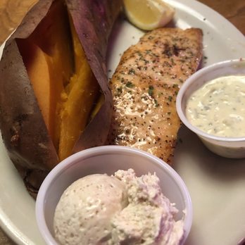Texas Roadhouse - Texas Roadhouse Salmon with plain sweet potato! Yum! Tartar sauce and cinnamon butter on the side. - Steakhouses Near Me - Tyler, Texas Texas Roadhouse - Texas Roadhouse Salmon with plain sweet potato! Yum! Tartar sauce and cinnamon butter on the side. - Steakhouses Near Me - Tyler, Texas