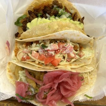 Mojo's Tacos - Franklin - Top to Bottom: Chorizo & Potato, Fried Chicken Taco, Fried Avocado Taco - Tacos Near Me - Franklin, Tennessee