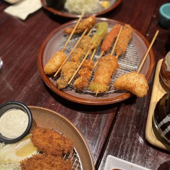 Koromo - Back to front: Ebi Fry and Pork Filet Katsu Teishoku ($27.75), moriawase Kushi katsu ($24.25), kaki fry teishoku ($24.50) IG: @ohmyono - Japanese Near Me - Aiea, Hawaii Koromo - Back to front: Ebi Fry and Pork Filet Katsu Teishoku ($27.75), moriawase Kushi katsu ($24.25), kaki fry teishoku ($24.50) IG: @ohmyono - Japanese Near Me - Aiea, Hawaii