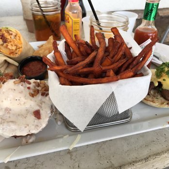 Cafe Topes - Crack Benedict, Country benedict, and sweet potato fries (Breakfast burrito in the background) - Coffee & Tea Near Me - Carlsbad, California