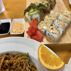 Yummy - Beef lo mein, California roll and dragon roll