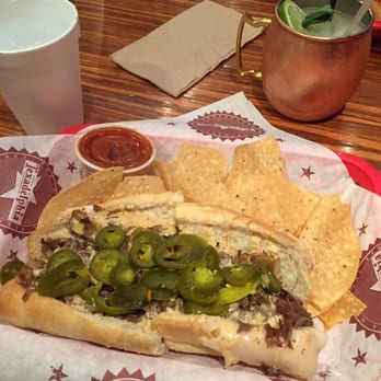 Texadelphia - The Founder cheesesteak, chips n salsa, and a frozen Moscow Mule! - American Near Me - Oklahoma City, Oklahoma Texadelphia - The Founder cheesesteak, chips n salsa, and a frozen Moscow Mule! - American Near Me - Oklahoma City, Oklahoma