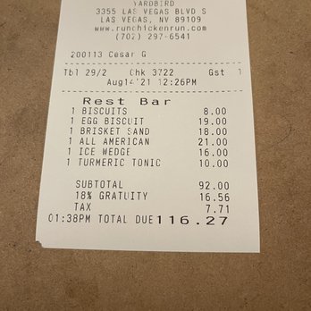 Yardbird - Receipt - Southern Near Me - Las Vegas, Nevada