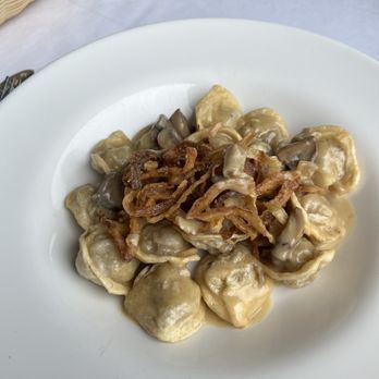 Tatiana Restaurant - Pelmeni with mushroom sauce and crispy onions - Russian Near Me - Brooklyn, New York