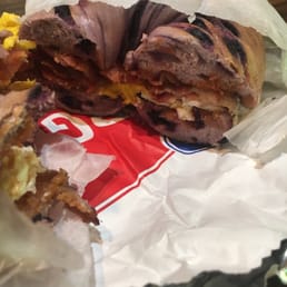Blueberry bagel, toasted with egg and bacon
