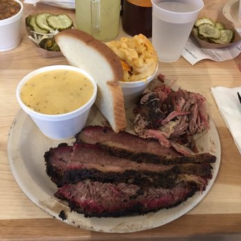 Little Miss BBQ - 2 meat plate (brisket/pork) with jalapeño cheese grits and Mac n cheese - Barbeque Near Me - Phoenix, Arizona Little Miss BBQ - 2 meat plate (brisket/pork) with jalapeño cheese grits and Mac n cheese - Barbeque Near Me - Phoenix, Arizona