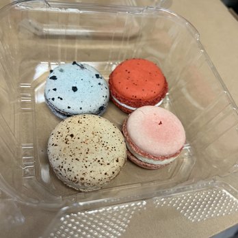 Paris Baguette - macarons from top left to right, blueberry lavender, strawberry marshmallow, vanilla brûlée, and rose water - Coffee & Tea Near Me - West Covina, California