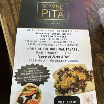 Beyond Pita - A menu flyer from Beyond Pita, a restaurant in Montclair, NJ, displaying the business name, contact number, and operating hours. It highlights Mediterranean cuisine such as falafel and cheesesteak, with a note about catering and payment methods. The flyer features images of a falafel sandwich and a cheesesteak, and mentions recognition in notable publications. It also indicates the restaurant is open seven days a week and accepts Venmo payments. - Mediterranean Near Me - Montclair, New Jersey