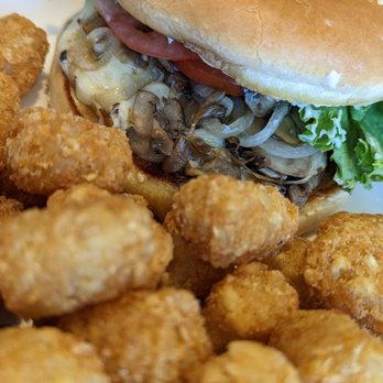 Spillway Bar & Grill - The mushroom swiss burger was delicious and tater tots hot and crisp! - American Near Me - Coulee Dam, Washington