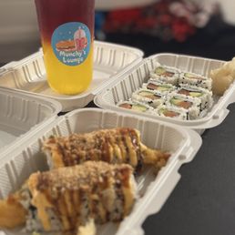 Topaz drink,  Salmon Avocado Rolls, Shrimp Tempura Rolls