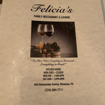 Felicia's Restaurant & Lounge - Hours - Italian Near Me - Monessen, Pennsylvania Felicia's Restaurant & Lounge - Hours - Italian Near Me - Monessen, Pennsylvania