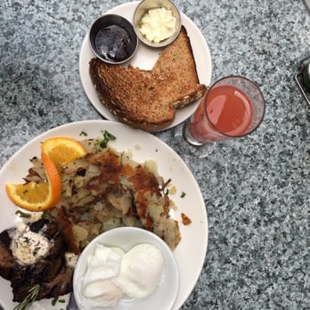 Plums Cafe - Steak and poached eggs. Comes with toast and a side of potato hash - Breakfast & Brunch Near Me - Costa Mesa, California