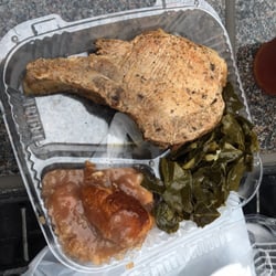 Ada's Kitchen On Wheels - Oven fried pork chop with collard greens and peach cobbler