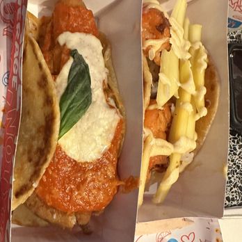 Tony’s Tacos - Chicken Parm taco on the left. Don't recall the taco type on the right. - Tacos Near Me - Garden City, New York Tony’s Tacos - Chicken Parm taco on the left. Don't recall the taco type on the right. - Tacos Near Me - Garden City, New York