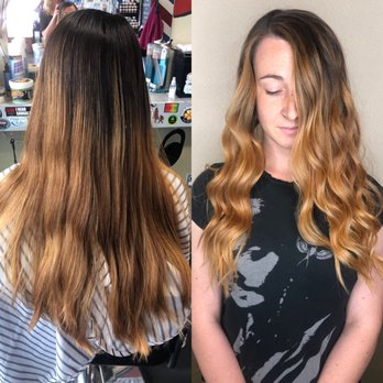 Coalesce Healing Beauty Studio - Before and after honey balayage highlights with a cut and beach wave style - Blow Dry/Out Services Near Me - Arcata, California Coalesce Healing Beauty Studio - Before and after honey balayage highlights with a cut and beach wave style - Blow Dry/Out Services Near Me - Arcata, California