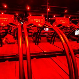 Barry's Treadmills. Rooms are pretty dark with a reddish light. Instructors brighten/dim to fit the mood. Barry's Treadmills. Rooms are pretty dark with a reddish light. Instructors brighten/dim to fit the mood.