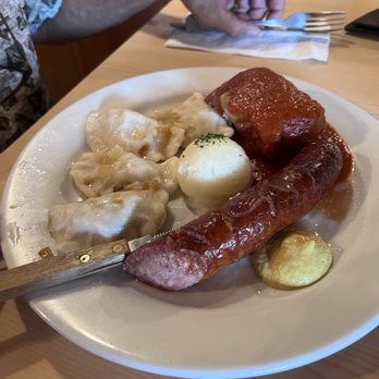 Europa - Polish platter with pierogies kielbasa sausage and a cabbage roll. - Modern European Near Me - Black Diamond, Washington