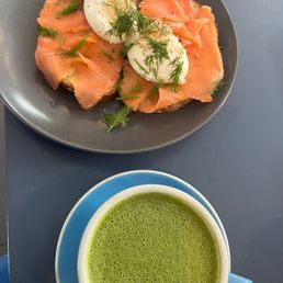 Poached egg and smoked salmon. Matcha Latte Poached egg and smoked salmon. Matcha Latte