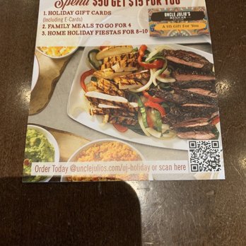 Uncle Julio's - The menu, you have to scan the code in the corner to get it on your phone - Tex-Mex Near Me - Oklahoma City, Oklahoma Uncle Julio's - The menu, you have to scan the code in the corner to get it on your phone - Tex-Mex Near Me - Oklahoma City, Oklahoma