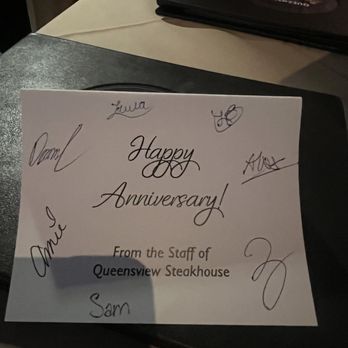 Queensview Steakhouse - Each one of the host signed his anniversary card for us - Steakhouses Near Me - Long Beach, California Queensview Steakhouse - Each one of the host signed his anniversary card for us - Steakhouses Near Me - Long Beach, California