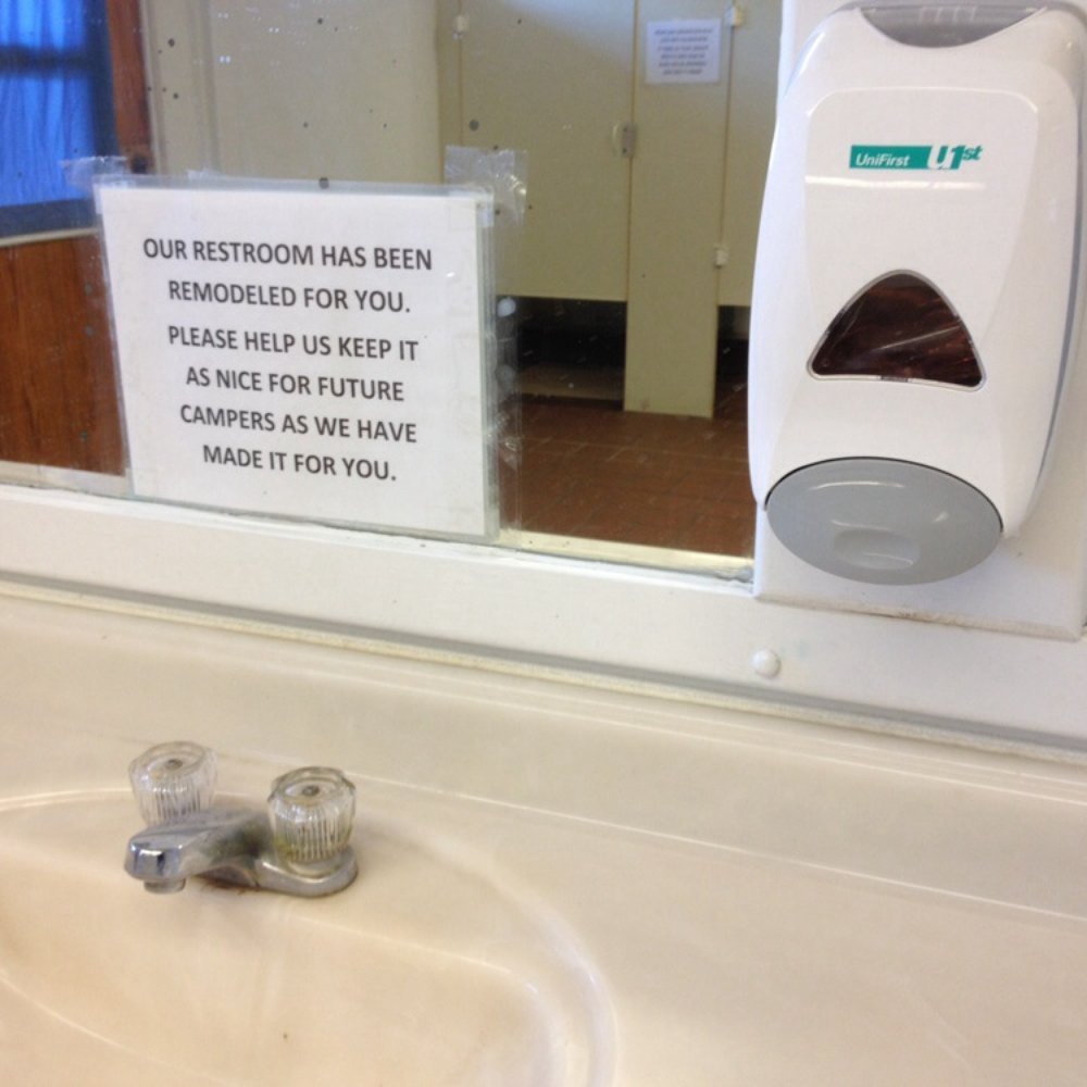 Artillery Ridge Campground - Clearly this sign is a joke. The bathrooms haven't been remodeled in decades, nor cleaned in weeks. - Horseback Riding Near Me - Gettysburg, Pennsylvania Artillery Ridge Campground - Clearly this sign is a joke. The bathrooms haven't been remodeled in decades, nor cleaned in weeks. - Horseback Riding Near Me - Gettysburg, Pennsylvania