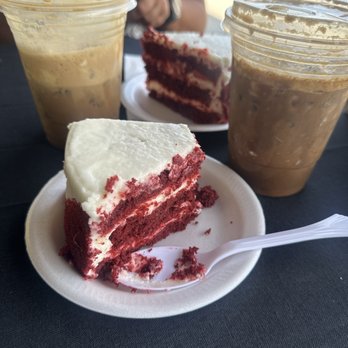 Leche Cafe - Vanilla latte (left) red velvet cake, banana pudding latte on the right - Cuban Near Me - Adelanto, California Leche Cafe - Vanilla latte (left) red velvet cake, banana pudding latte on the right - Cuban Near Me - Adelanto, California