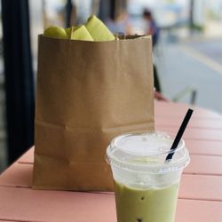 Grove Surf + Coffee - Matcha green sundress & unsweet Iced matcha green latte w/Almond milk Both superb. Winners circle! OuiOui.