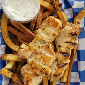 Geitonia Greek Grill - "Chicken" Souvlaki and fries. - Greek Near Me - Valparaiso, Indiana