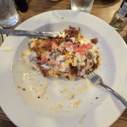 Bacon Temptation omlett.  Sub eggs for hash browns