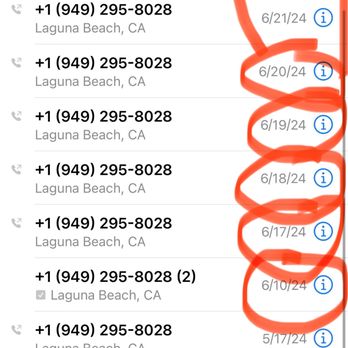 Cal Process - All of the times I called for 3 weeks & left voicemails  that RICHARD IGNORED - The image shows a mobile phone screen with a call log listing multiple missed calls from the same phone number, +1 (949) 295-8028, in Laguna Beach, CA. The calls are dated from May 14, 2024, to June 25, 2024, with several calls marked as missed. The interface includes options to view all or missed calls, and each entry displays the date and an information icon. - Process Servers Near Me - Irvine, California