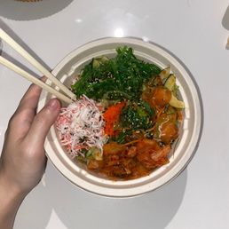 Medium Poke Bowl (Salmon is mostly hidden because I chose a lot of toppings but trust me they are there - and a good portion of it too)