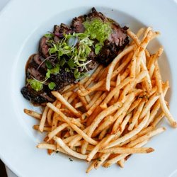 Olive & Finch - Hanger steak served medium, with bordelaise and schug, served with French fries for only $22.